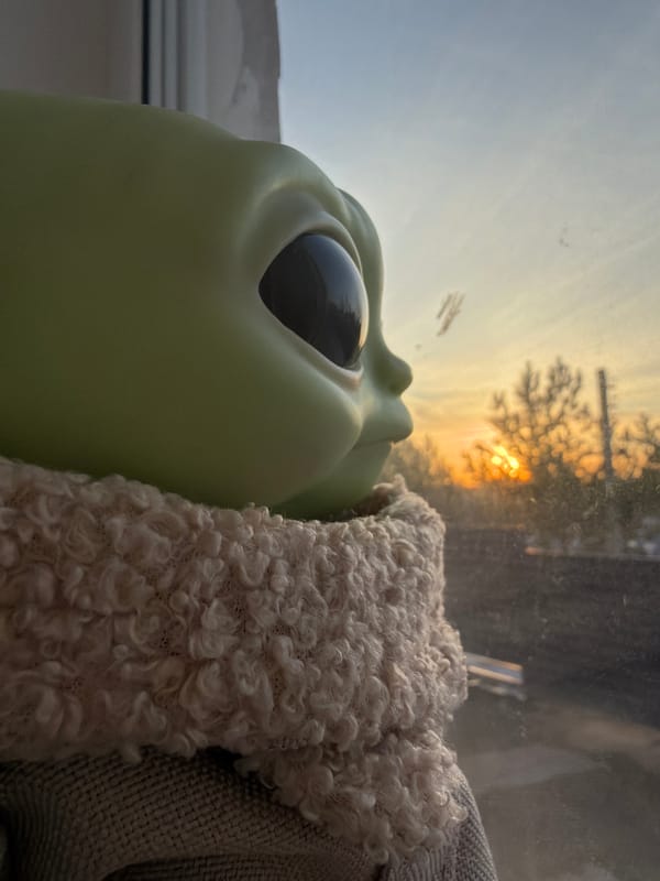 Baby Yoda toy photographed against sunset cityscape in Russia