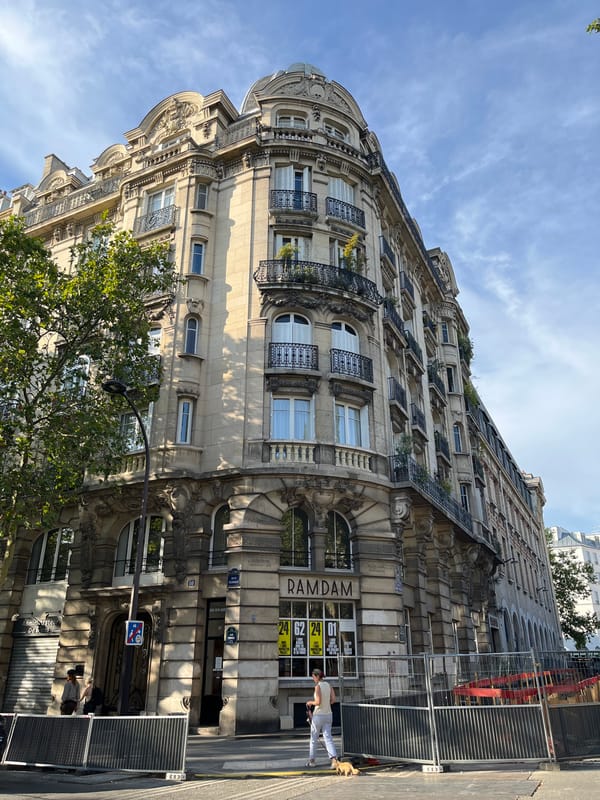 Haussmannian Paris facades, one dressed in a mandala mural