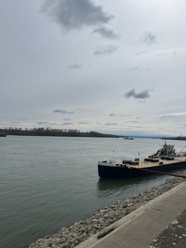 Cargo ship docked along Danube River in Vidin