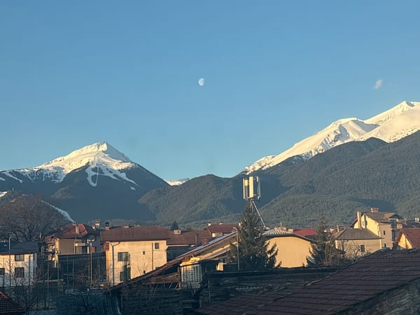 Mountain vista captured in Bansko, Bulgaria showing snowy peaks