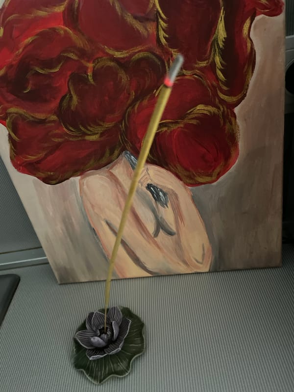 Morning domestic moments: cat, art, incense in Sochi home