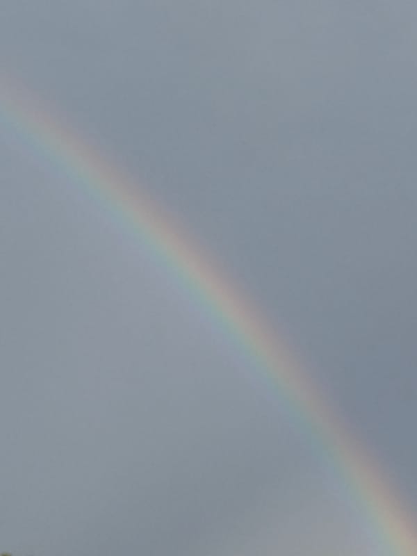 Storm clouds clear to double rainbows over cliffs and calm water