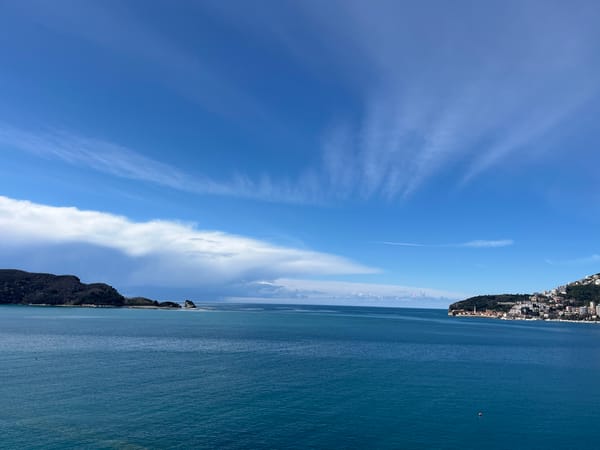Tourist photographs Budva coastline from clifftop overlooks