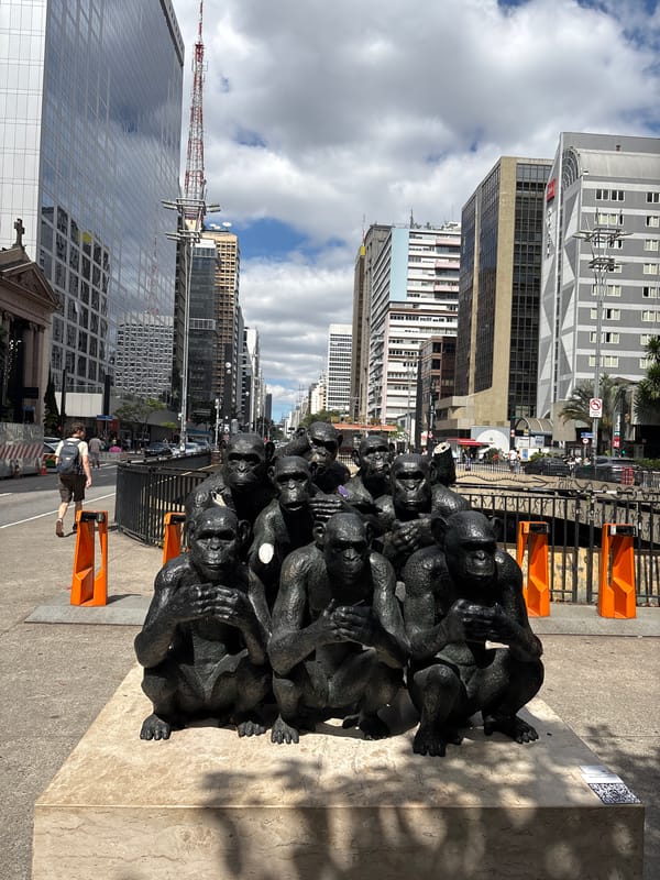 Dark sculpture with orange barriers observed in São Paulo