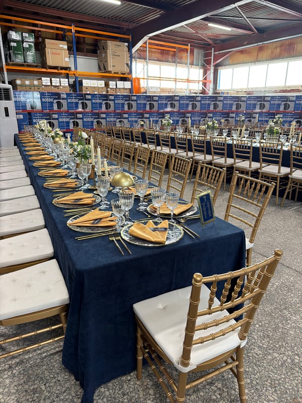Formal event setup observed at Gabrovo warehouse venue