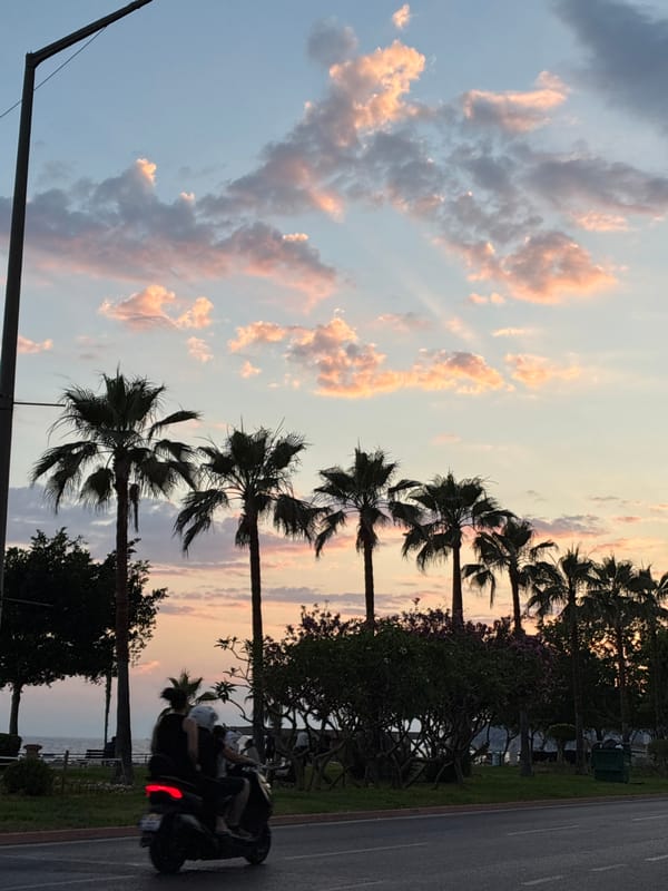 Sunset stroll along Alanya's palm-lined coastal promenade