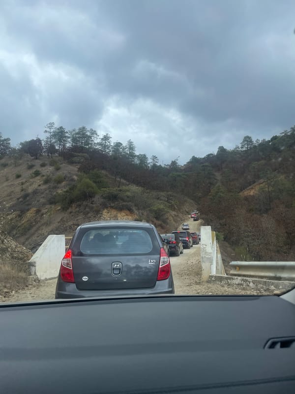 Traffic jam clogs mountain road in La Cieneguilla, Mexico
