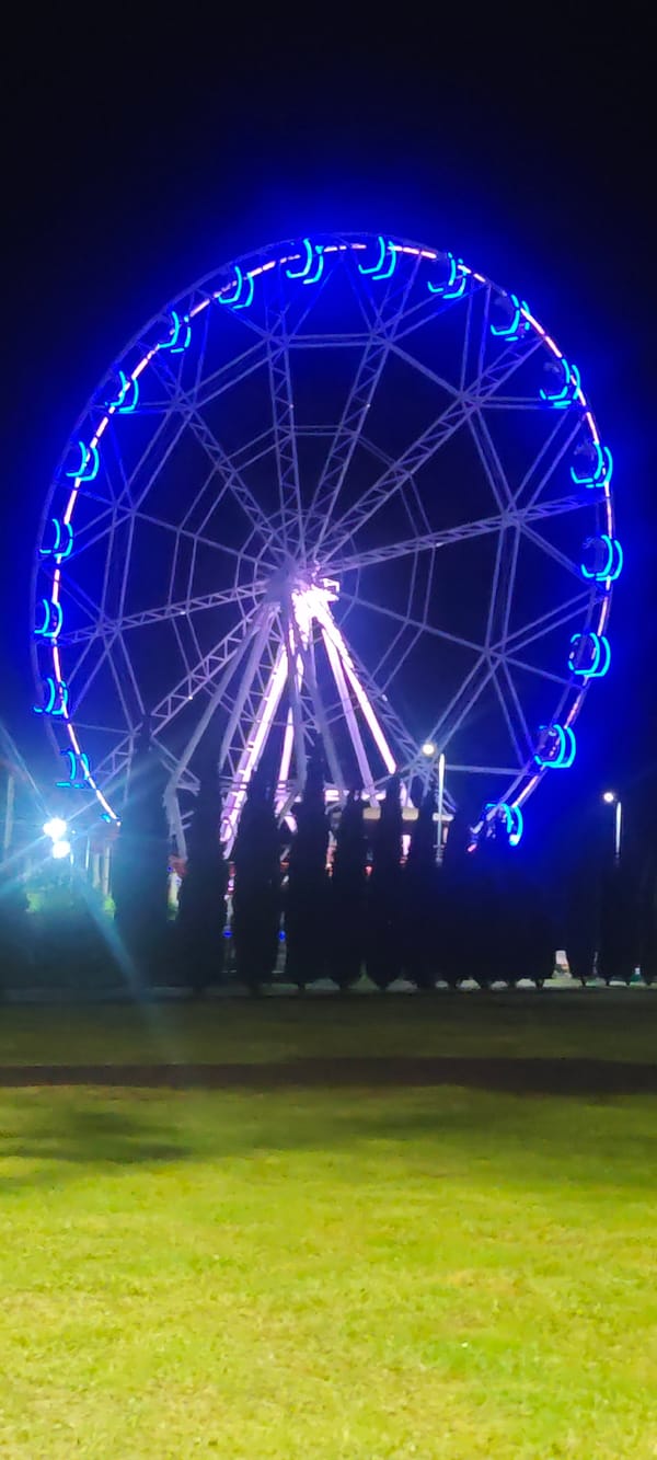 Illuminated Ferris wheel operates at night in Gagra, Abkhazia