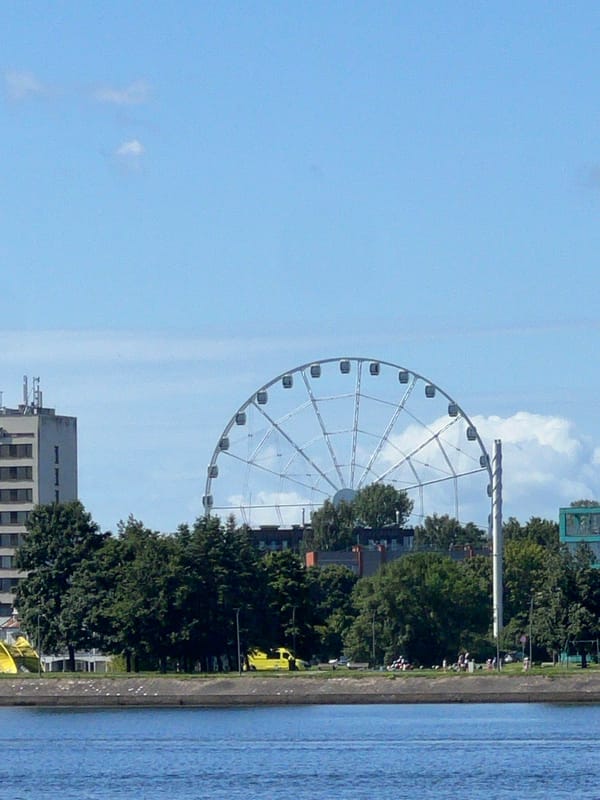 Sunny morning along Riga's Daugava waterfront and Old Town