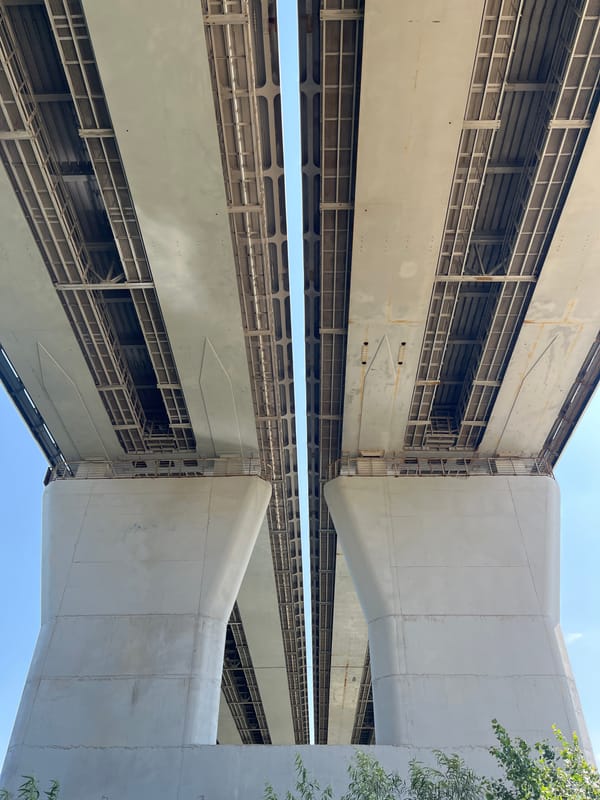 Under the Ufa City Bridge, concrete pillars up close