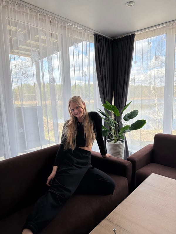 Woman's morning activities captured indoors and by lake in Novyi