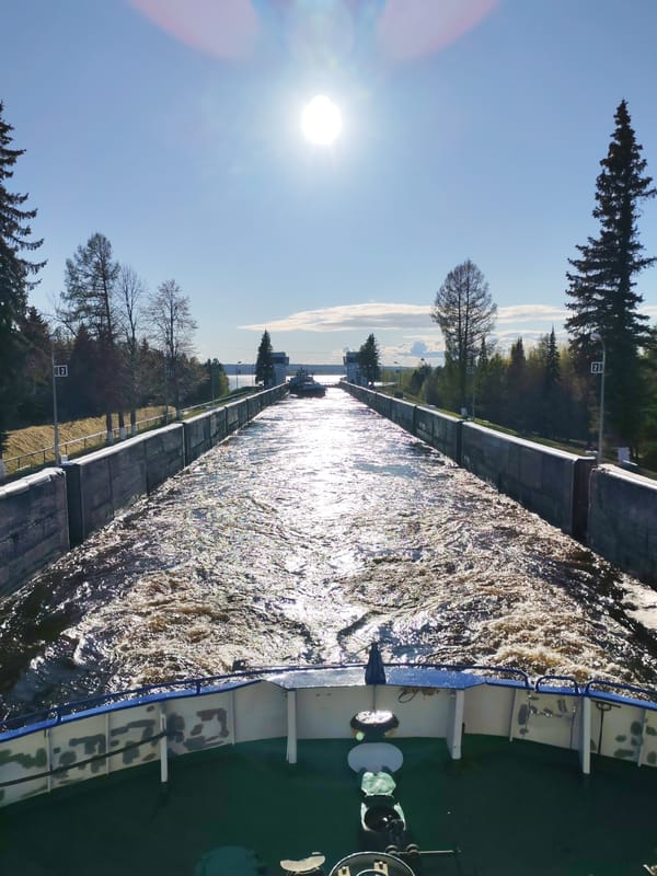 Vessel transits canal lock in Belousovo, Russia