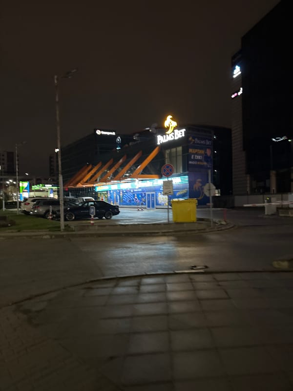 Illuminated Palms Bet casino captured in nighttime Sofia street scene