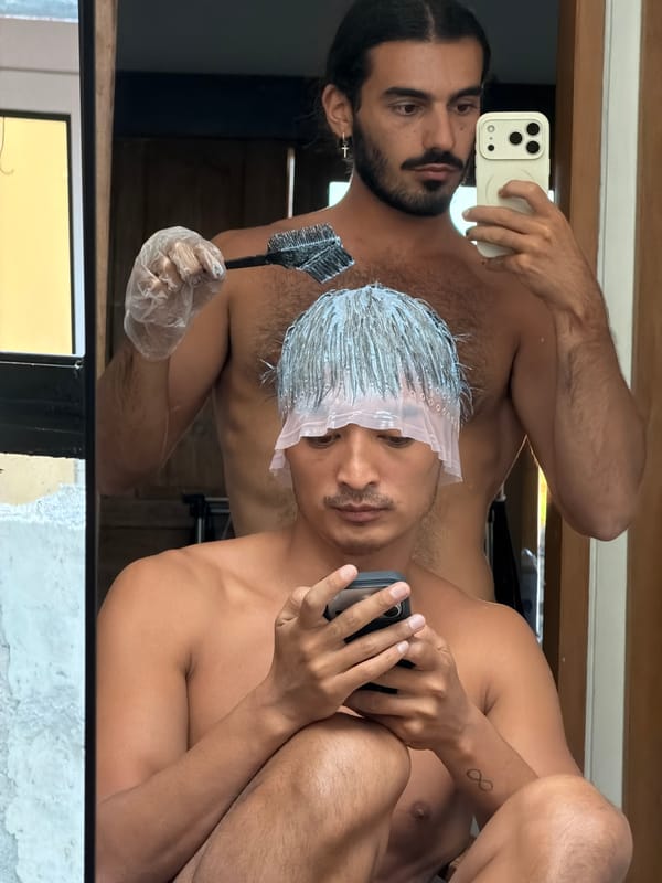 Hair dyeing session documented via selfies in North Kuta