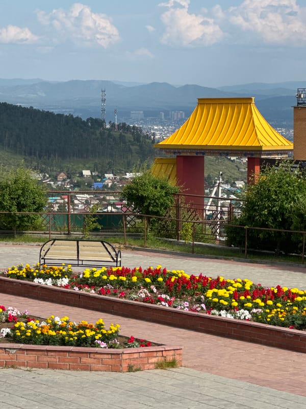Buddhist temple overlook with stone mythical sculptures, Ulan-Ude