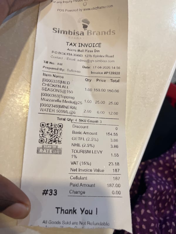 Pizza Inn customer receives invoice at Accra Mall