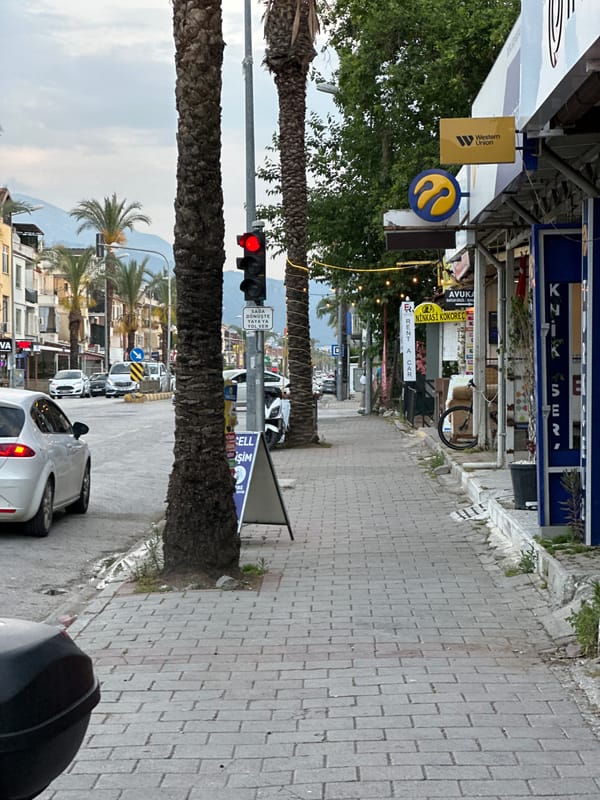 Afternoon stroll documented on palm-lined street in Fethiye, Turkey
