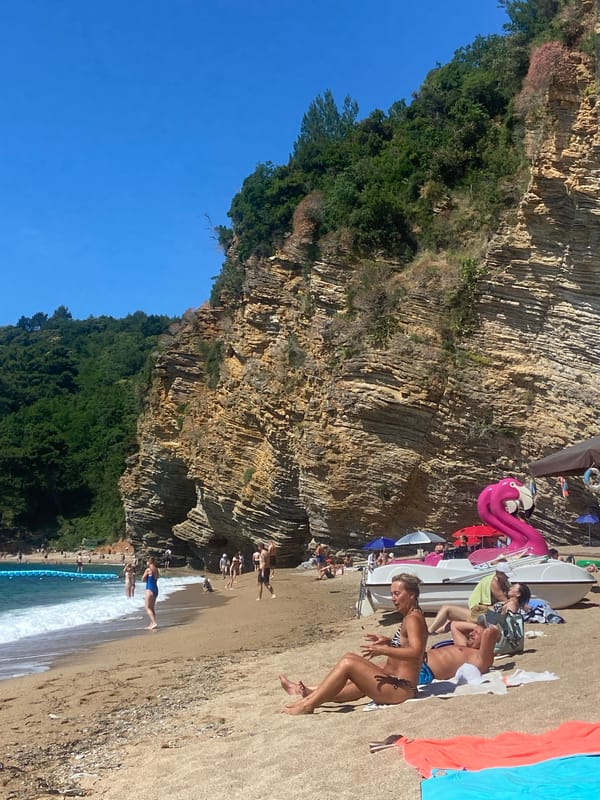Summer beach day documented at Sveti Stefan, Montenegro
