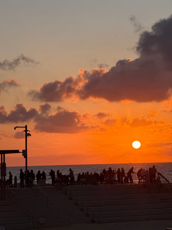 Man points from cliff edge with dog in Tel Aviv
