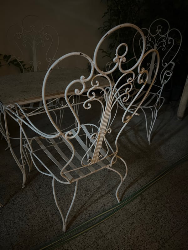 Ornate white metal chairs spotted in Buenos Aires outdoor setting