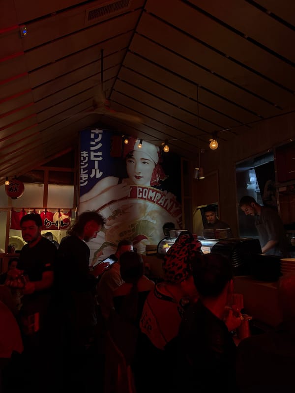 Crowded ramen restaurant captured during evening rush in Tel Aviv