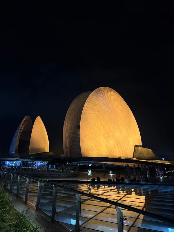 Nighttime views capture illuminated cultural buildings in Xiangzhou, China