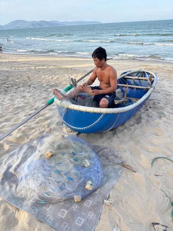 Morning beach life in South Quy Nhon — fishing, play, and shoreline details
