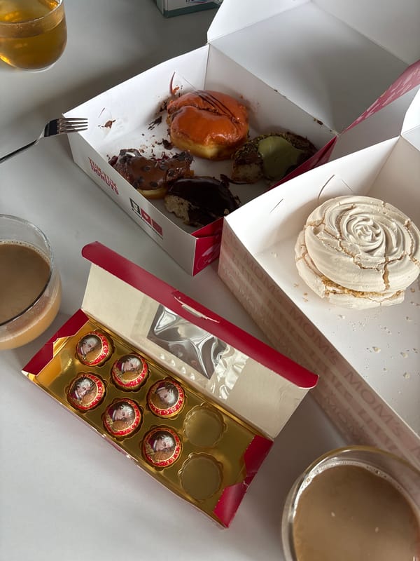 Morning routine captured across Armenian locations with pastries and workspace