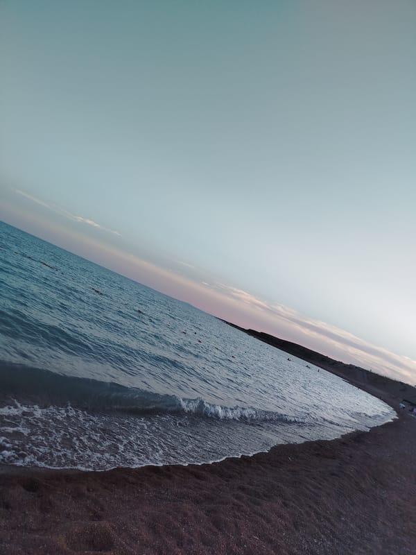 Quiet beach at golden hour, calm water and scattered people