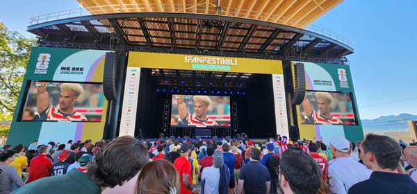 USA-Paraguay soccer match shown on outdoor screens, 0-0