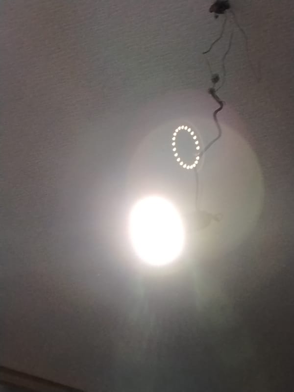 Indoor snapshots: light fixtures, a cat, and a small smoke burst