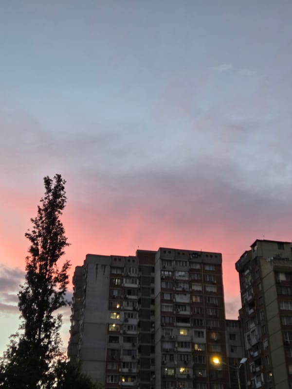 Sunset illuminates residential towers in Varna, Bulgaria
