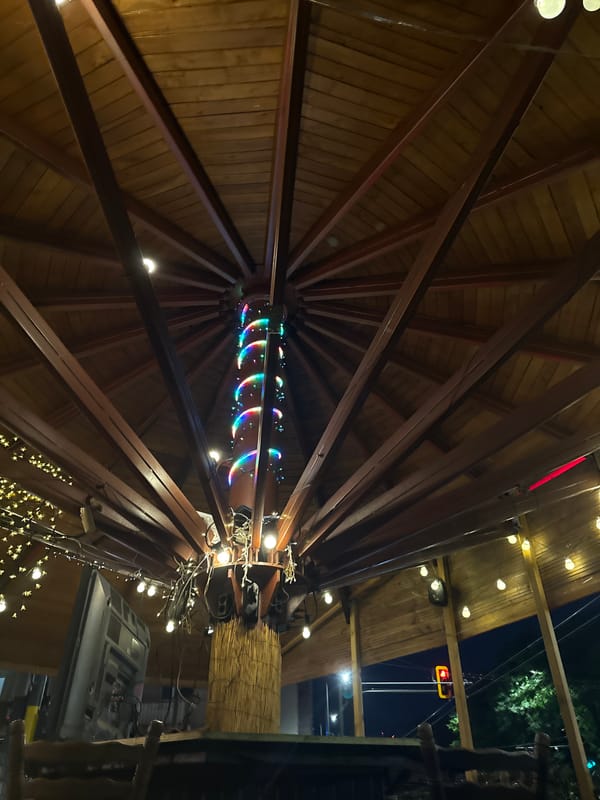 Evening drinks at a wooden-roofed outdoor bar in Sofia