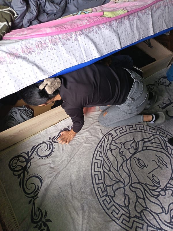 Woman searches under-bed storage in Roman, Bulgaria bedroom