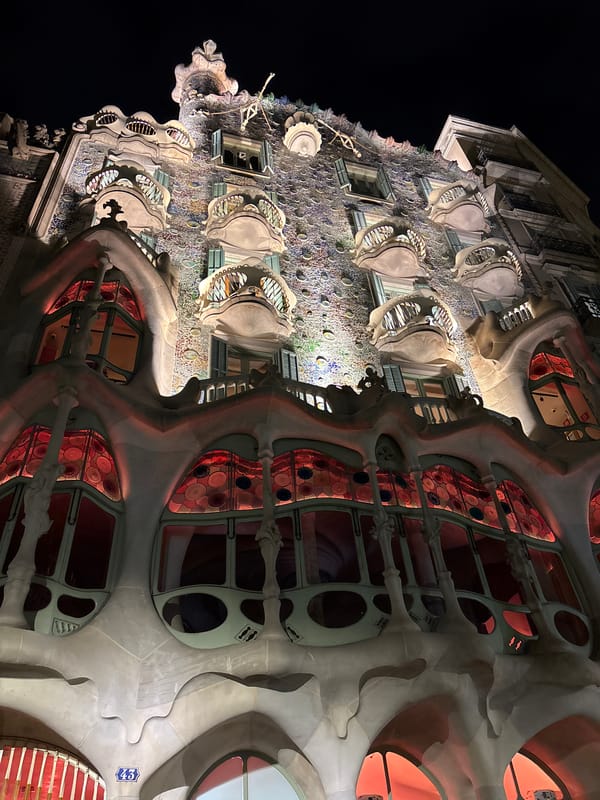 Evening views of illuminated Casa Batlló in Barcelona