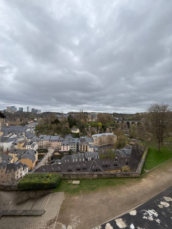 Tourist captures Luxembourg City views and selfie near art installations
