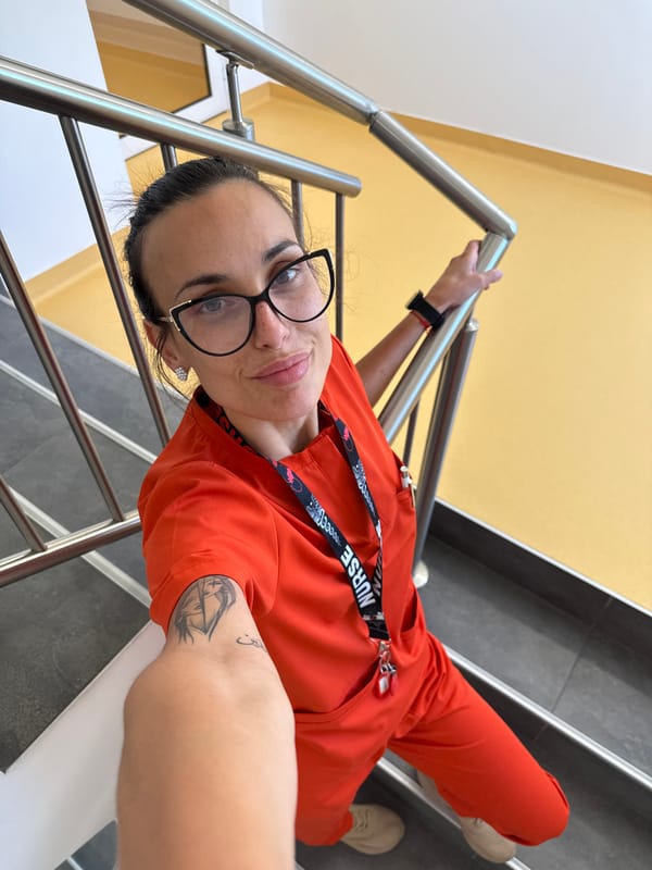 Nurse photographed on staircase in Pleven, Bulgaria