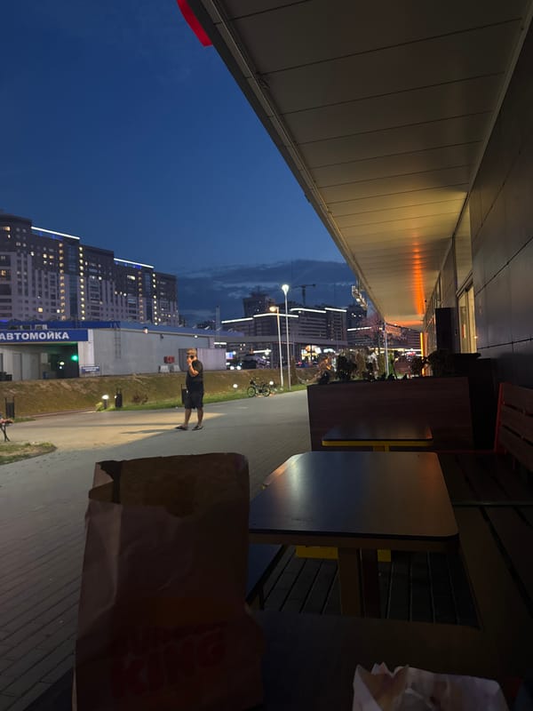 Dusk at a Minsk Burger King, Pomeranian in tow