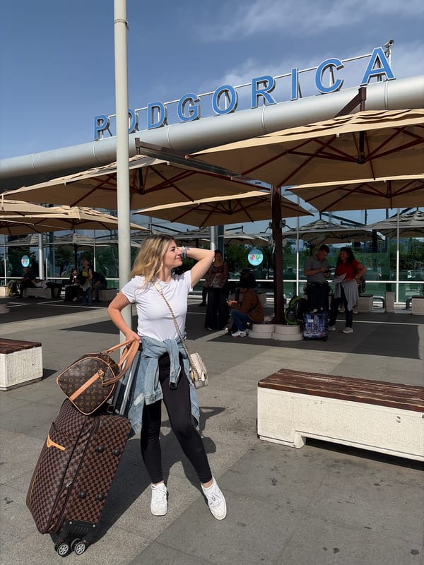 Woman photographed at Podgorica Airport entrance in Montenegro