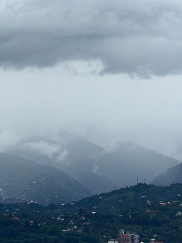 Batumi under heavy clouds, city and coastline on a grey morning