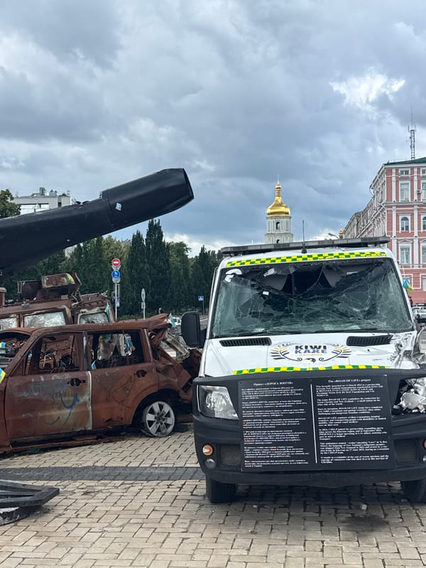 War damage exhibition displays destroyed vehicles in Kyiv