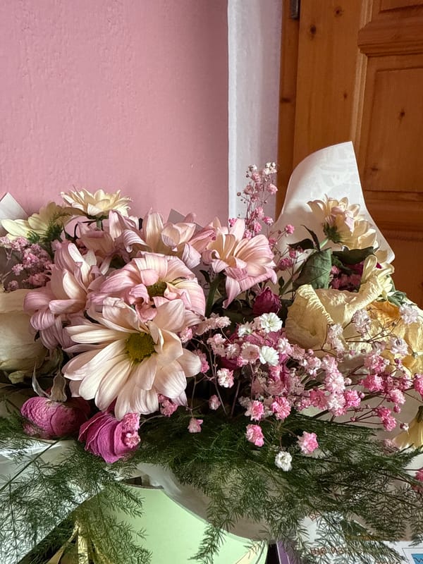 Dried flower bouquet documented against pink wall, wooden panel