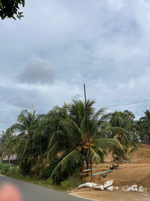 Quiet rural roads and homes in Sukajadi on an overcast morning