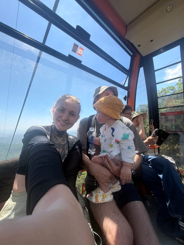 Family cable car ride captured over Da Nang mountains