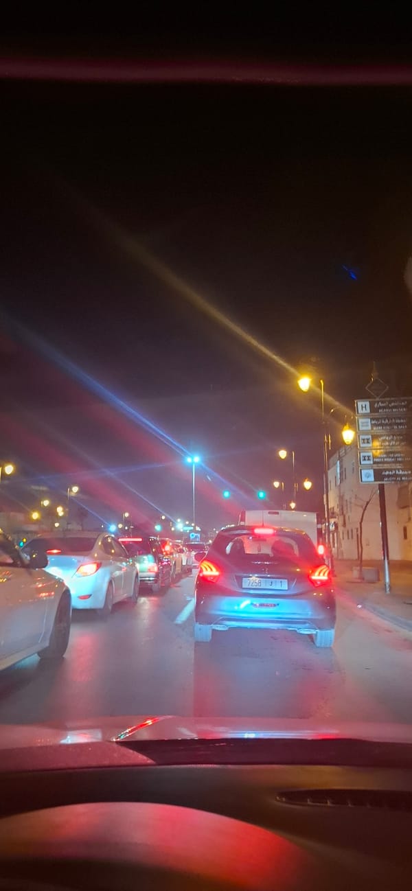 Dense nighttime traffic observed in Rabat, Morocco