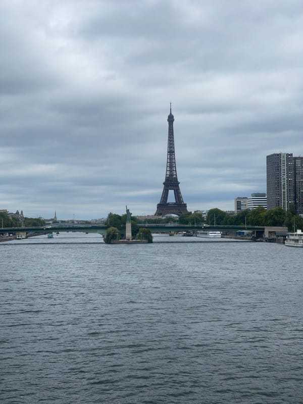 Eiffel Tower from the Seine on an overcast Paris morning