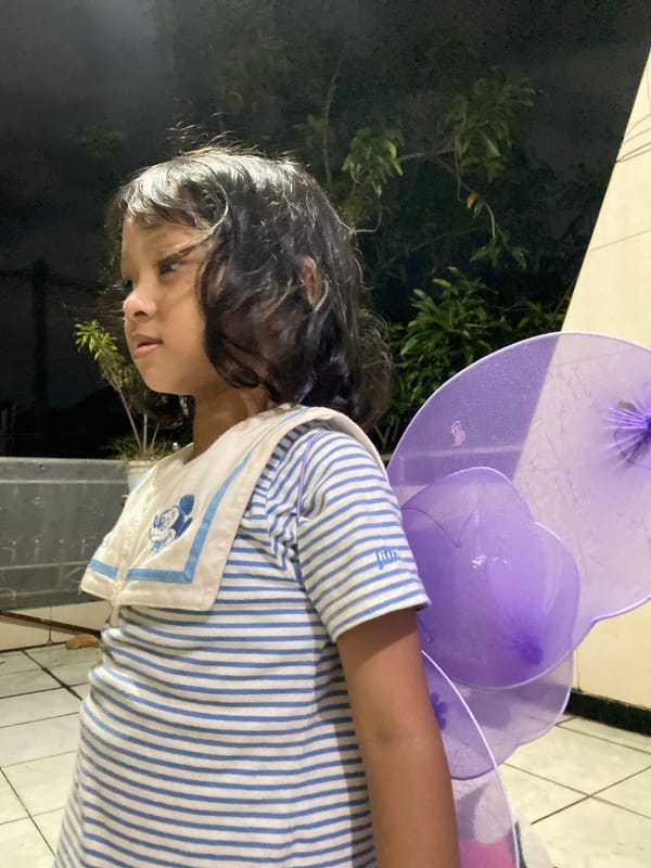Child celebrates with costume wings, food at Gelam festival