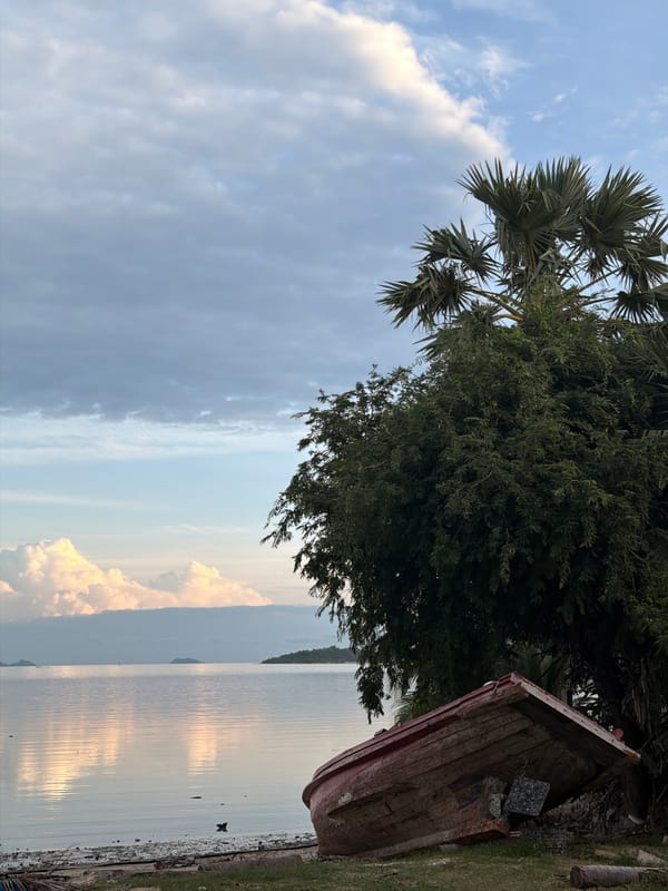 Ko Samui shoreline: boats, swings, flowers, and a golden Buddha