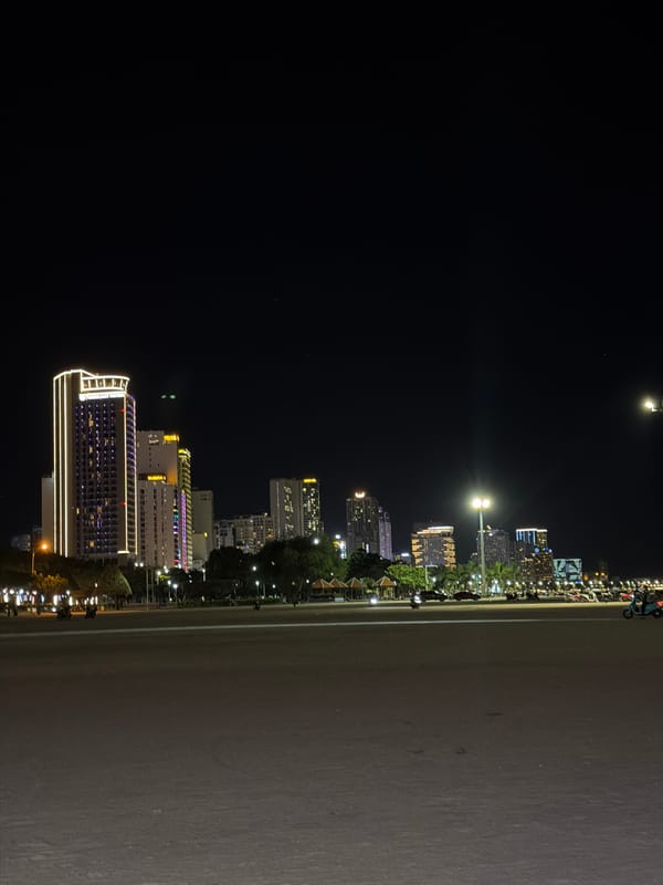 Moonlit Nha Trang cityscape captured with illuminated buildings, Pikachu sign