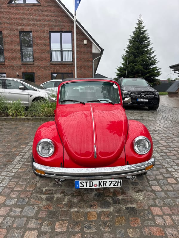 Rainy morning gathering documented in Deinste, Germany features classic cars